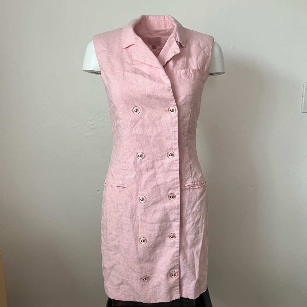 Guess Pink Linen Sleeveless Double Breasted Blazer Mini Dress Size 2 Lined